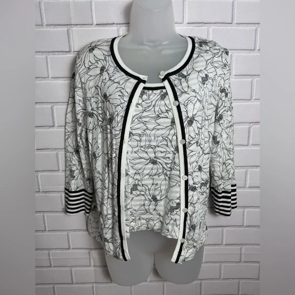 Dana Buchman Black and White 2pcs set floral tank top and Striped Cardigan/MP - Picture 1 of 13